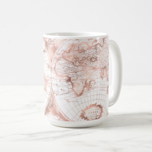 バラ金ゴールドピンクメタルグリッターアンティークワールドマップ コーヒーマグカップ (正面右)