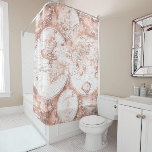 バラ金ゴールドピンクメタルグリッターアンティークワールドマップ シャワーカーテン (インサイチュ)