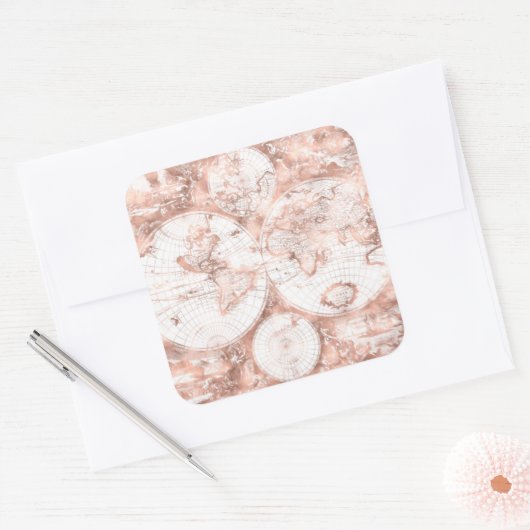 バラ金ゴールドピンクメタルグリッターアンティークワールドマップ スクエアシール (封筒)