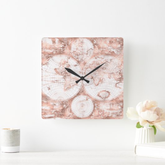 バラ金ゴールドピンクメタルグリッターアンティークワールドマップ スクエア壁時計 (ホーム)