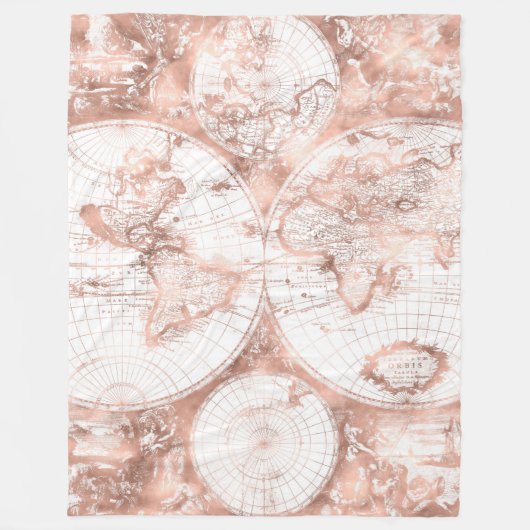 バラ金ゴールドピンクメタルグリッターアンティークワールドマップ フリースブランケット (正面)