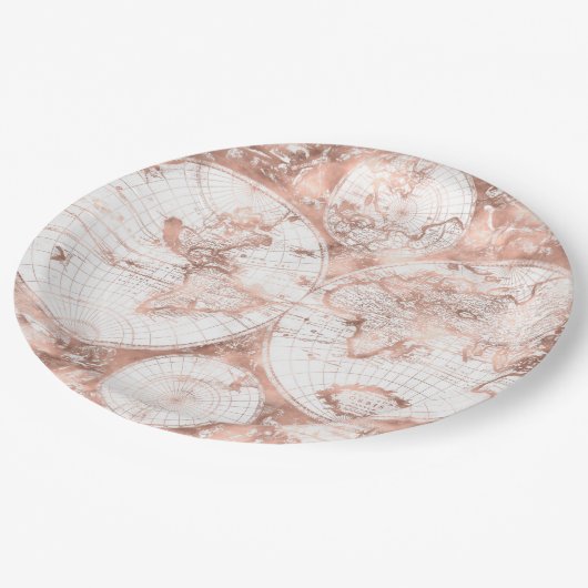 バラ金ゴールドピンクメタルグリッターアンティークワールドマップ ペーパープレート (アングル)