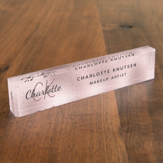 バラ金ゴールドピンクモノグラムモダンプロフェッショナル デスクネームプレート (側面)