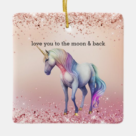バラ金ゴールドピンクユニコーンスパークル セラミックオーナメント (正面)