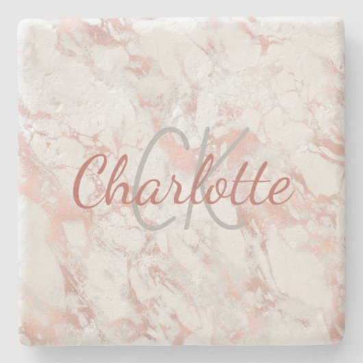 バラ金ゴールドピンク大理石モノグラムエレガント名 ストーンコースター (正面)