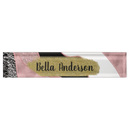 バラ金ゴールドピンク抽象芸術波モダングラムトレンディー デスクネームプレート