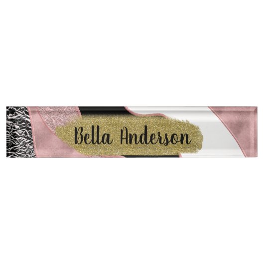 バラ金ゴールドピンク抽象芸術波モダングラムトレンディー デスクネームプレート (正面)