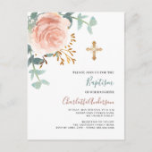 バラ金ゴールドピンク緑金ゴールドクロスバプテスマ インビテーションポストカード (正面)