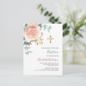バラ金ゴールドピンク緑金ゴールドクロスバプテスマ インビテーションポストカード (スタンド正面)