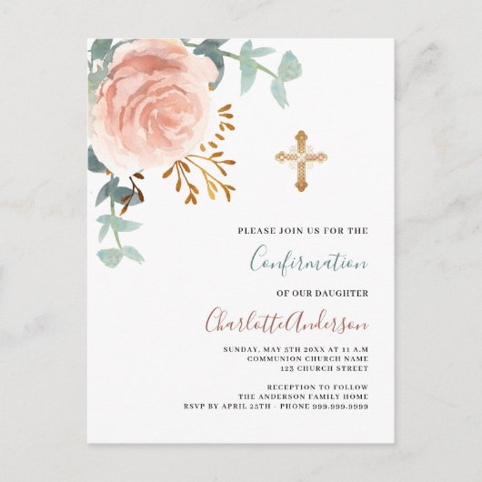 バラ金ゴールドピンク緑金ゴールド交差確認 インビテーションポストカード (正面)