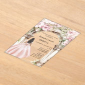 バラ金ゴールドピンク花模様アーチドレススウィート16 アクリル招待状 (レイダウン)