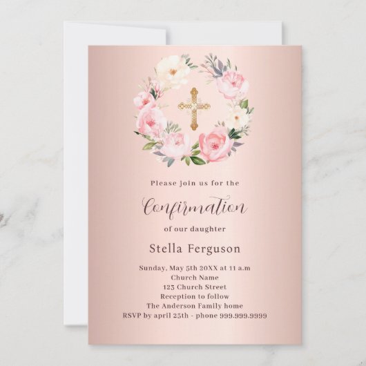 バラ金ゴールドピンク花模様クロス確認 招待状 (正面)