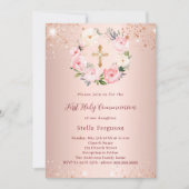 バラ金ゴールドピンク花模様グリッター第1聖餐式 招待状 (正面)