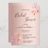 バラ金ゴールドピンク花模様ピンクブライダルシャワー 招待状 (正面/裏面)
