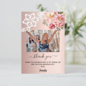 バラ金ゴールドピンク花模様レース写真 サンキューカード (スタンド正面)