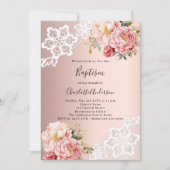 バラ金ゴールドピンク花模様レース洗礼 招待状 (正面)