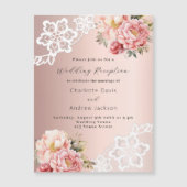 バラ金ゴールドピンク花模様レース結婚式 マグネット招待状 (正面)