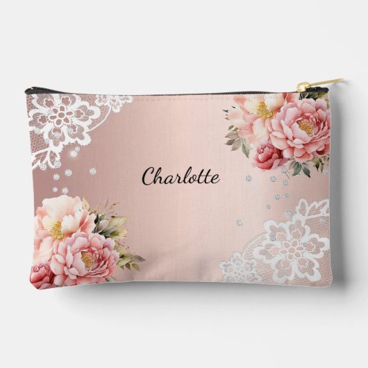 バラ金ゴールドピンク花模様レース アクセサリーポーチ (裏面)