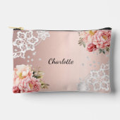 バラ金ゴールドピンク花模様レース アクセサリーポーチ (正面)