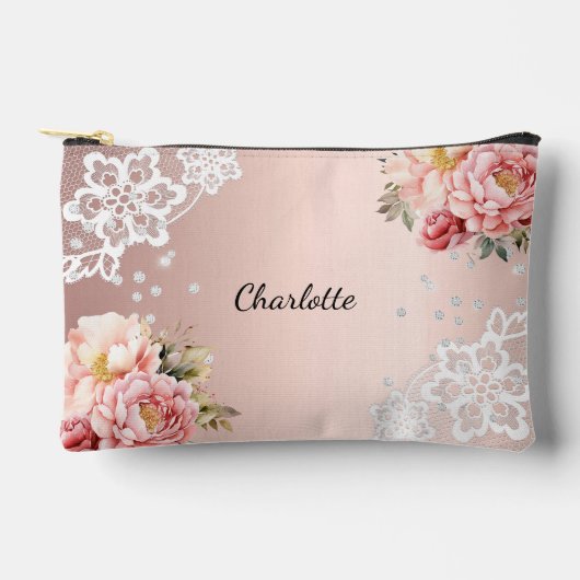 バラ金ゴールドピンク花模様レース アクセサリーポーチ (正面)