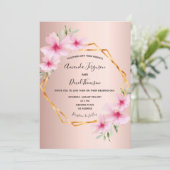 バラ金ゴールドピンク花模様幾何結婚の 招待状 (スタンド正面)