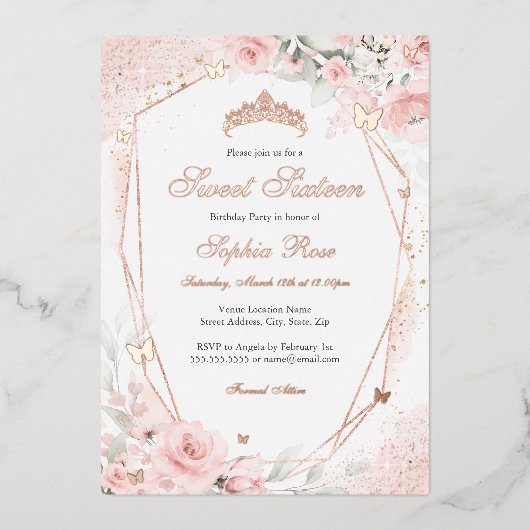 バラ金ゴールドピンク赤面バタフライフローラスウィート16 箔招待状 (正面)