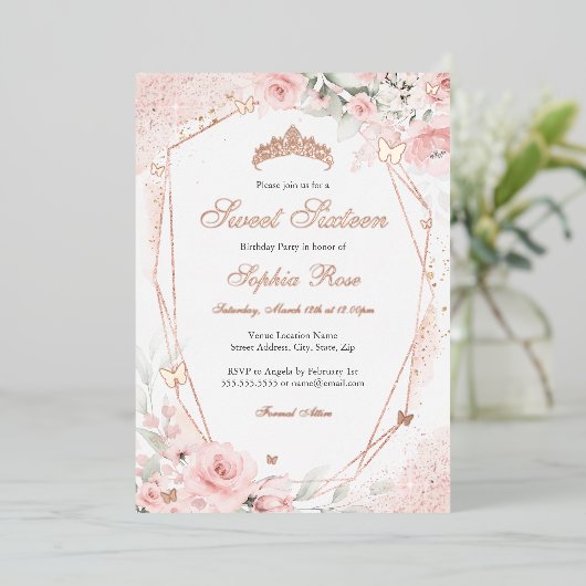 バラ金ゴールドピンク赤面バタフライフローラスウィート16 箔招待状 (立ち正面)