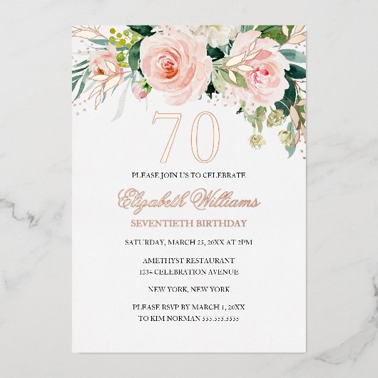 バラ金ゴールドピンク赤面70誕生日フォイル招待状 箔招待状 (正面)