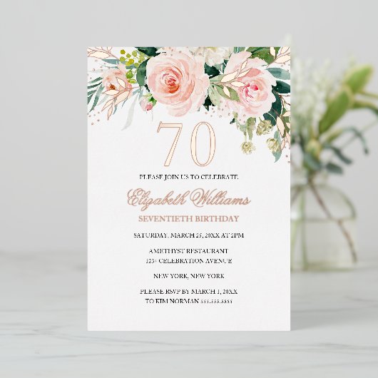 バラ金ゴールドピンク赤面70誕生日フォイル招待状 箔招待状 (立ち正面)