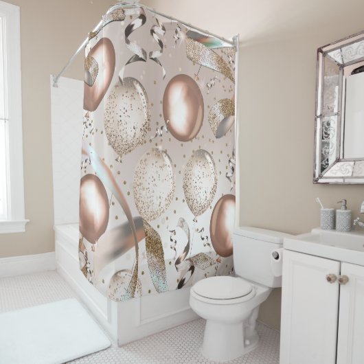 バラ金ゴールドピンク&グリッターバルーン シャワーカーテン (インサイチュ)