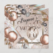 バラ金ゴールドピンク&グリッターバルーンSweet 16パーティー 招待状 (正面/裏面)