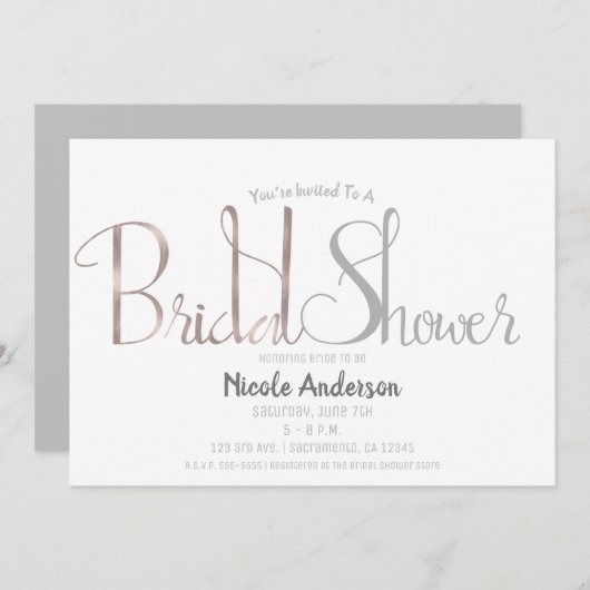 バラ金ゴールドピンク&グレースクリプトモダンブライダルシャワー 招待状 (正面/裏面)