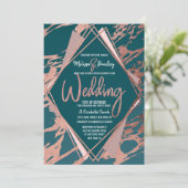 バラ金ゴールドピーコックティール（緑がかった色）マーブルダイヤモンド結婚ズ 招待状 (スタンド正面)