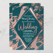 バラ金ゴールドピーコックティール（緑がかった色）マーブルダイヤモンド結婚ズ 招待状 (正面/裏面)