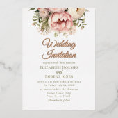 バラ金ゴールドピーチおよび赤面結婚フローラ 箔招待状 (正面)