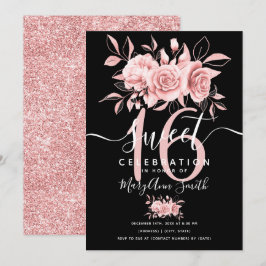 バラ金ゴールドファブフローラグリッター16th誕生日ブラック 招待状