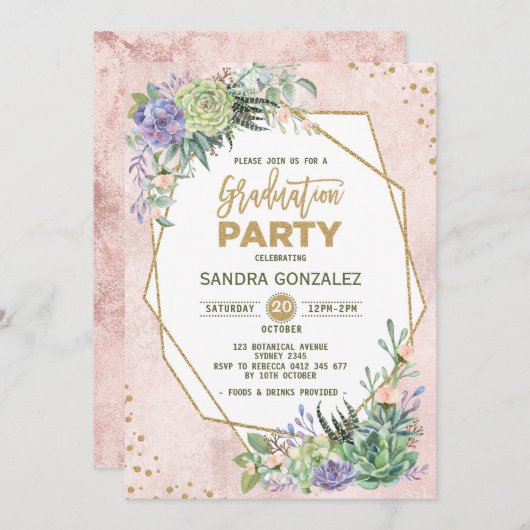 バラ金ゴールドフィエスタ卒業招待状幾何学フレーム 招待状 (正面/裏面)