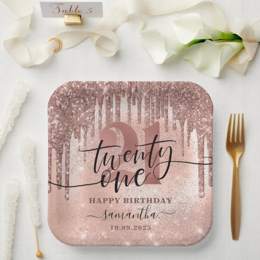 バラ金ゴールドフェイクグリッターとフォイル21歳の誕生日パーティー  ペーパープレート (ウェディング)