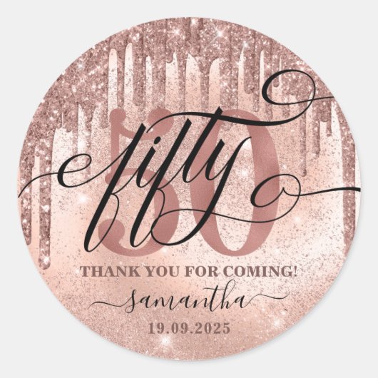 バラ金ゴールドフェイクグリッターとフォイル50歳の誕生日パーティー ラウンドシール (正面)