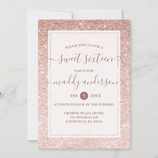 バラ金ゴールドフェイクグリッターエレガントスウィート16誕生日 招待状 (正面)