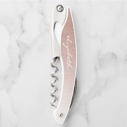 バラ金ゴールドフェイクグリッターグラデーションパーソナライズされたスクリプト ソムリエナイフ (正面)