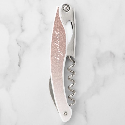 バラ金ゴールドフェイクグリッターグラデーションパーソナライズされたスクリプト ソムリエナイフ (裏面)