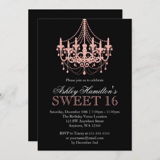 バラ金ゴールドフェイクグリッターシャンデリアスウィート16 招待状 (正面/裏面)