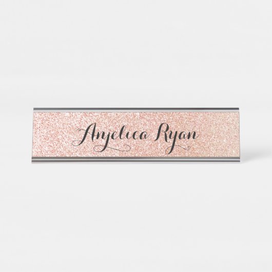 バラ金ゴールドフェイクグリッタースパーソナライズされたクリプト名 デスクネームプレート (正面)