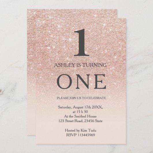 バラ金ゴールドフェイクグリッターピグラデーションンク1歳 招待状 (正面/裏面)