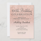 バラ金ゴールドフェイクグリッターピグラデーションンク100歳の誕生日 招待状 (正面)