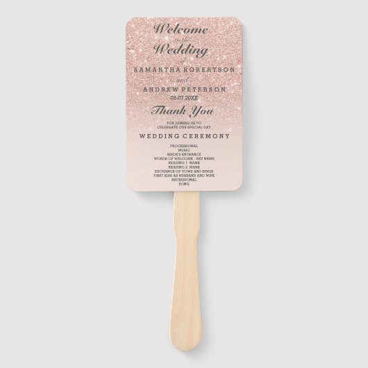 バラ金ゴールドフェイクグリッターピンクグラデーションウェディングプログラム ハンドファン (正面)