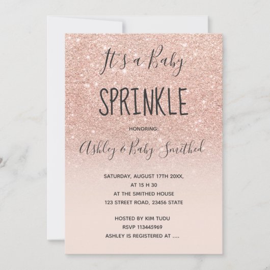 バラ金ゴールドフェイクグリッターピンクグラデーションベビー散布 招待状 (正面)