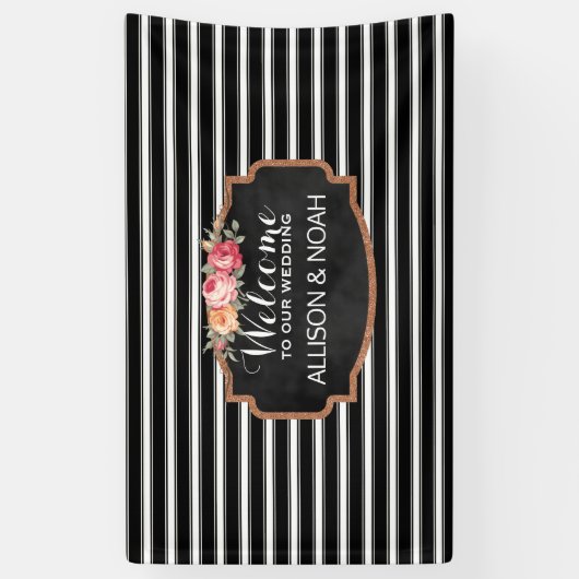 バラ金ゴールドフェイクグリッターピンクストライプフローラ結婚ズ 横断幕 (縦)