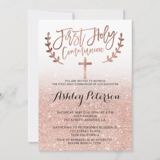 バラ金ゴールドフェイクグリッター白グラデーション第1聖体 招待状 (正面)